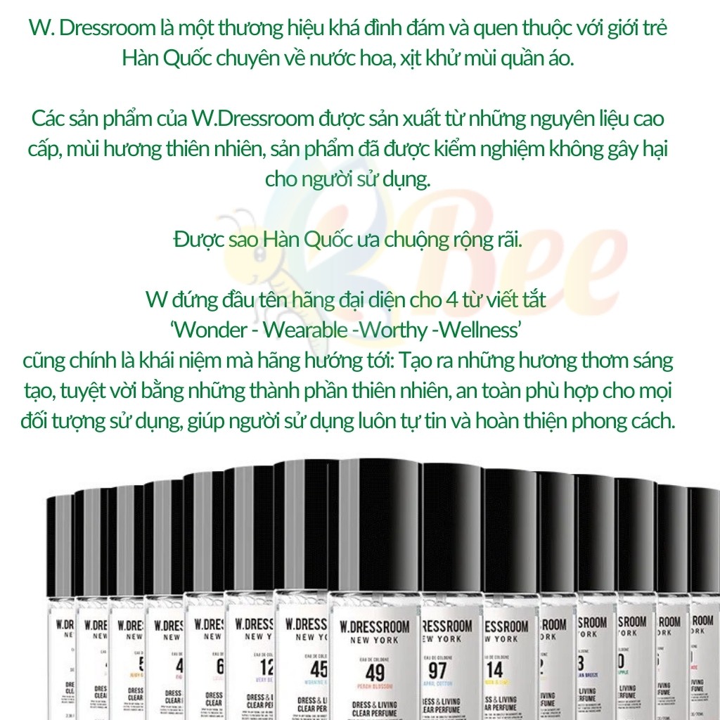 Nước hoa W DRESSROOM, nước hoa xịt khử mùi, xịt thơm quần áo, phòng ngủ