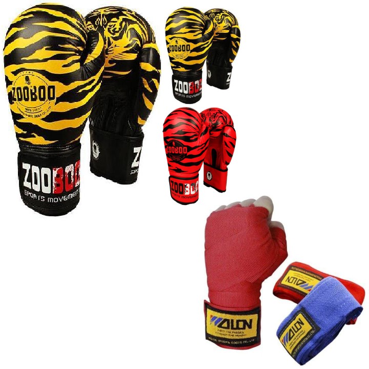 Găng tay đấm bốc bao cát quyền anh tập boxing Zooboo hổ vằn + băng cuốn boxing 1,5 M - Bảo hành 6 tháng