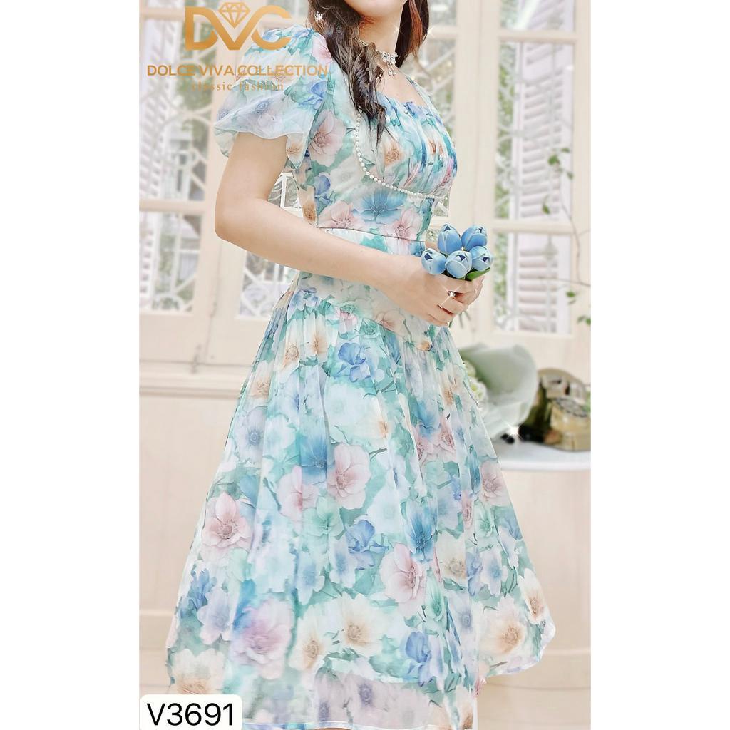 VÁY XANH HOA LÁ TAY BỒNG PHỐI VIỀN NGỌC V3691 - DVC