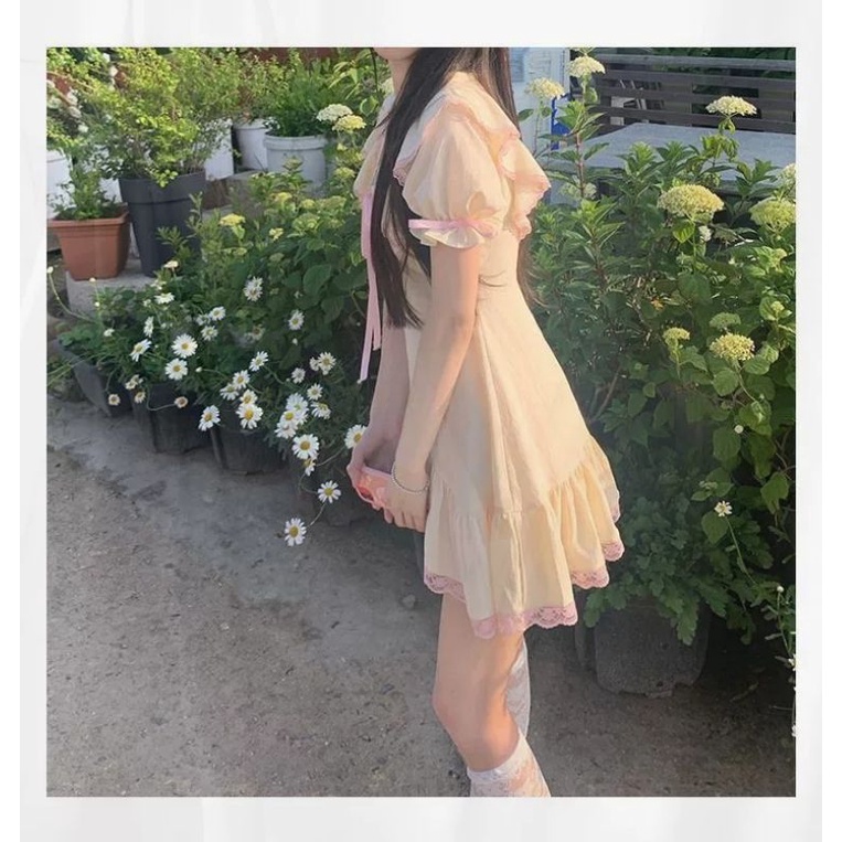 Đầm xòe babydoll trơn tay phồng đuôi cá voan màu vàng oder taobao