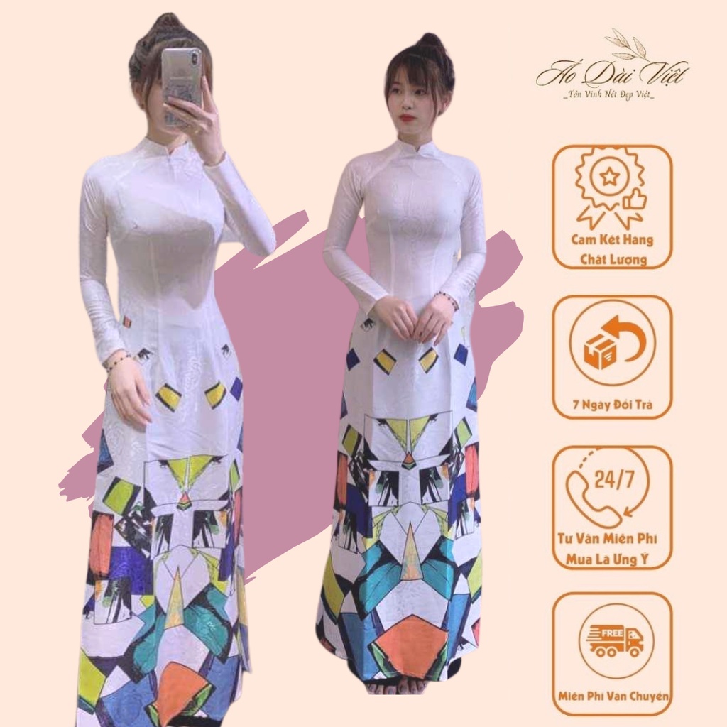 Áo Dài Trắng Lụa Vân Gỗ Cao Cấp Với Thiết Kế Họa Tiết Hình Khối Đa Sắc Màu Dưới Tà Tạo Sự Trẻ Trung Hiện Đại Và Tôn Dáng