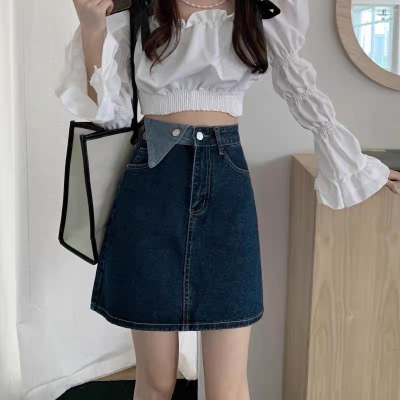 Chân váy cạp cao chữ A, chân váy jeans kaki dáng ngắn_v9