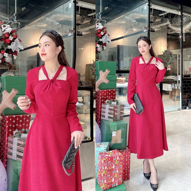Váy nhung đỏ dài tay cổ xoắn dáng dài xoè cực xinh dự tiệc hay đi làm công sở