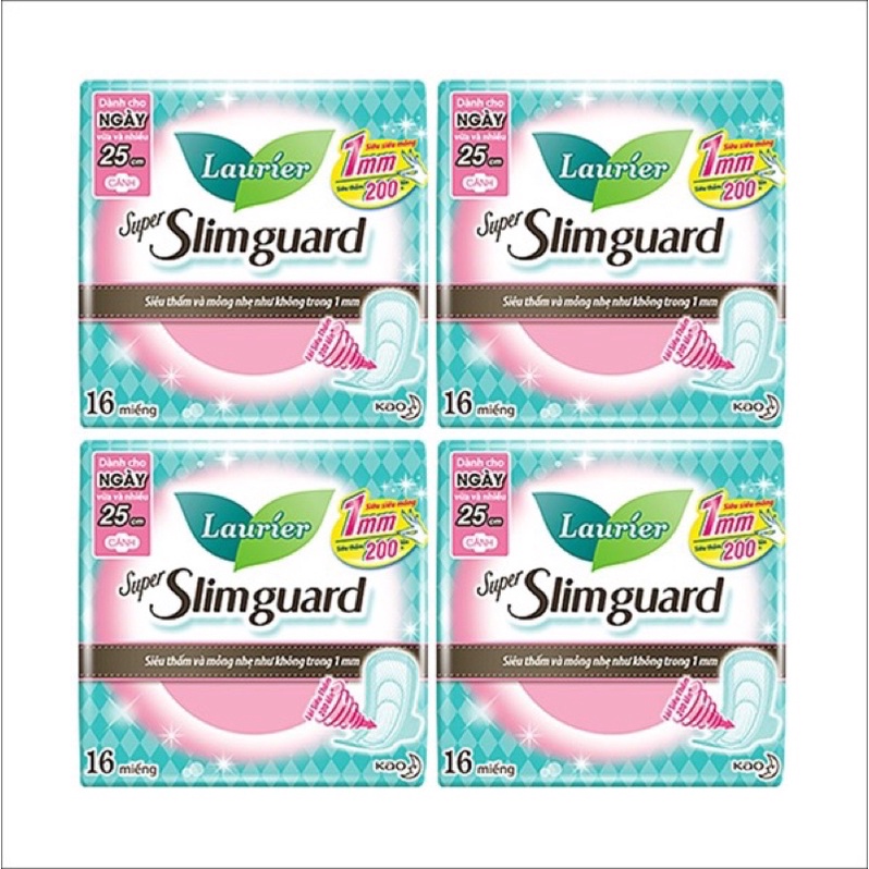 Combo 4 Gói Băng Vệ Sinh Laurier Siêu Mỏng Cánh 1mm Super Slimguard Không Hương (25cm-16M)