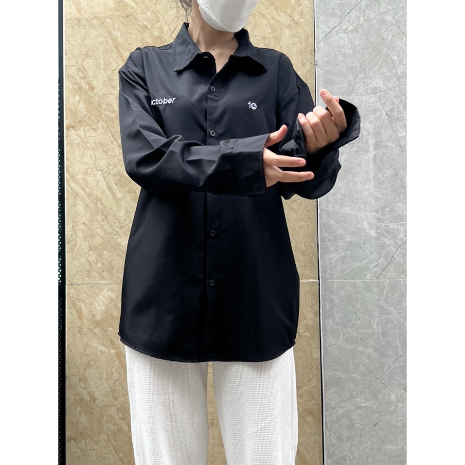 Áo Sơ Mi Nữ Dài Tay Form Rộng Thêu Chữ OCTOBER Vải lụa Phong Cách Ulzzang -ZoZo_unisex