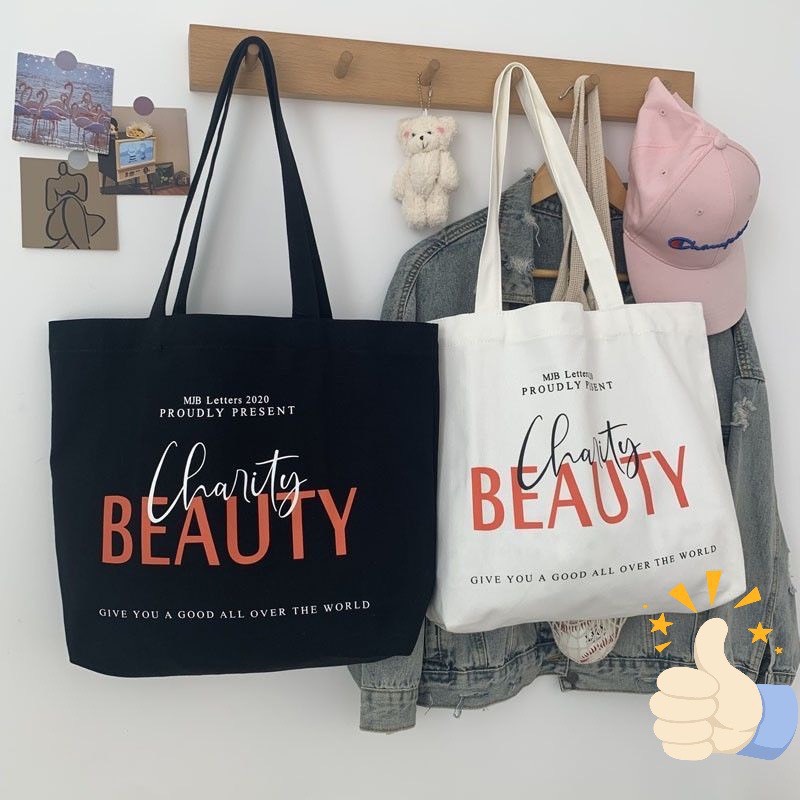 Túi tote vải canvas có túi nhỏ bên trong có khóa miệng ulzzang unisex nhiều mẫu