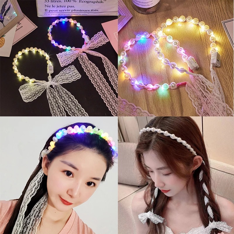 Băng đô có dây ruy băng dài và đèn LED phát sáng độc đáo thời trang dành cho nữ