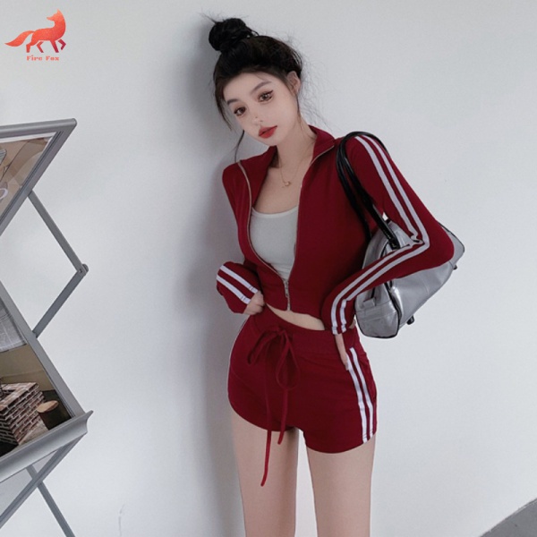 Bộ Áo Khoác Sweater Kẻ Sọc + Quần Short Lưng Cao + Áo Dây Rút Phong Cách Thể Thao Thời Trang Mùa Hè Cho Nữ