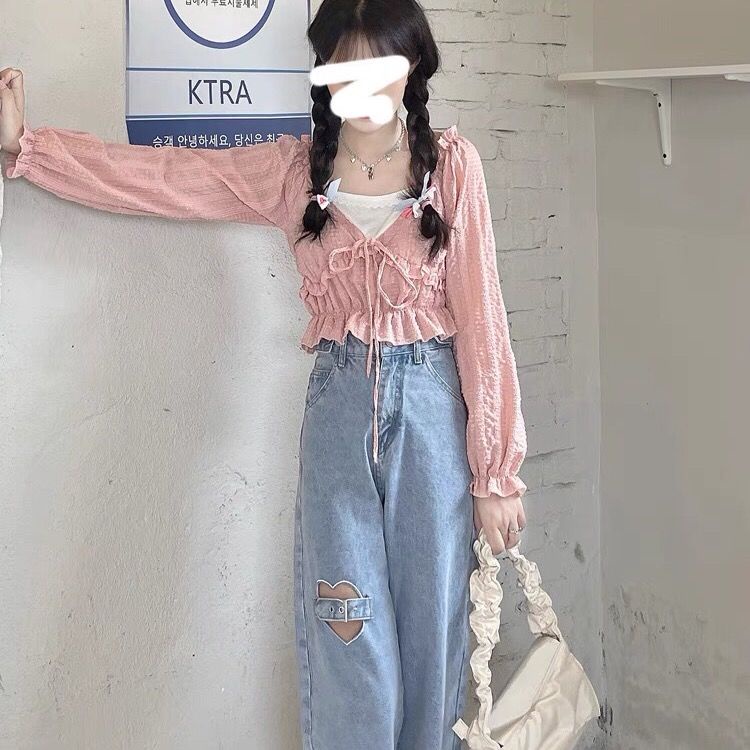 Mới Áo Nữ Tay Dài Nhún Bèo Phong Cách Ngọt Ngào