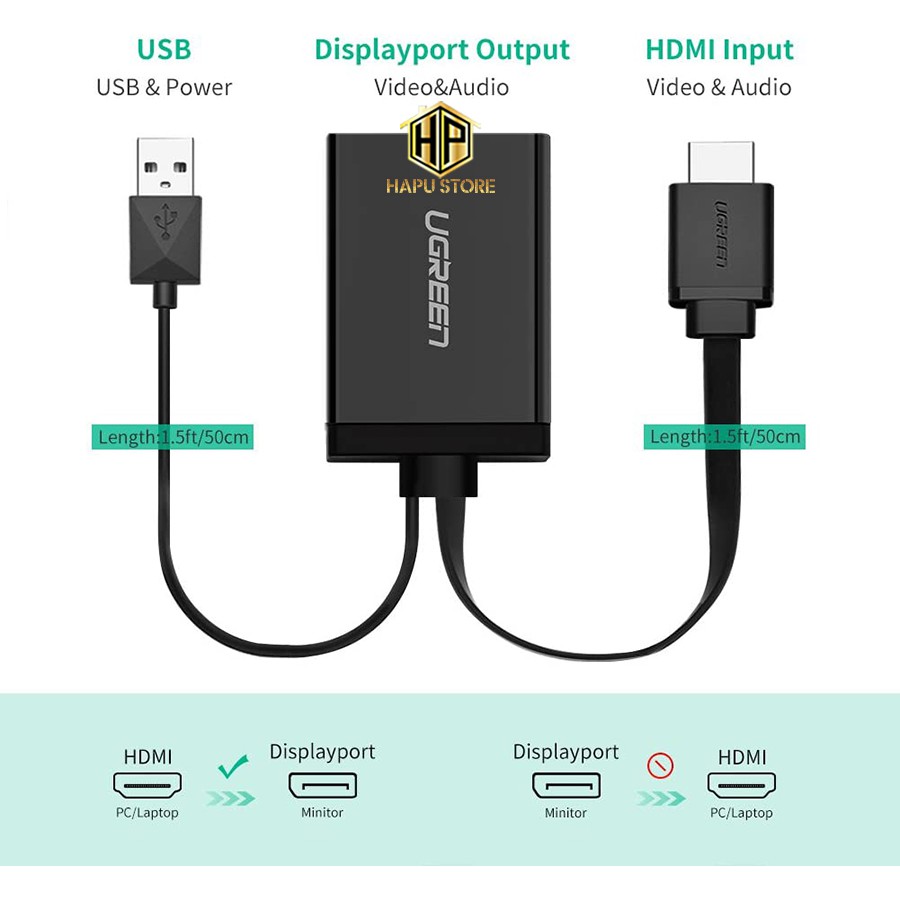 [Mã ELHACE giảm 4% đơn 300K] Cáp chuyển đổi HDMI sang Displayport Ugreen 40238 chính hãng - Hapustore