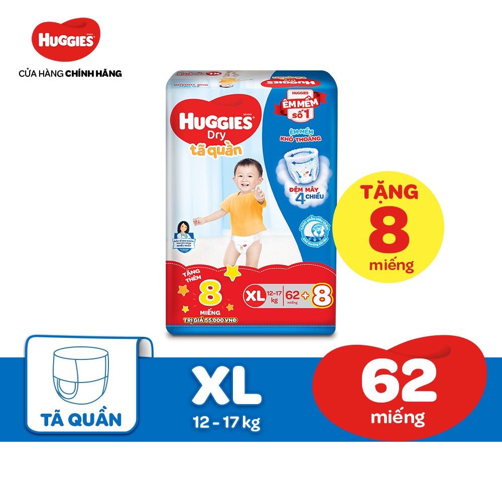 Tã quần HUGGIES DRY PANTS SUPER JUMBO L68/XL62/XXL56 + Tặng 8 miếng