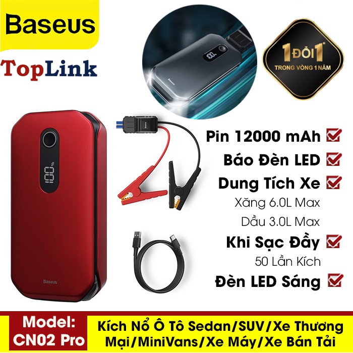 Kích Nổ Oto – Kích Nổ Xe Hơi Baseus Car Jump Starter Dung Lượng Pin 12000mah Sạc Đầy Được 50 Lần Kích Nổ Công Suất 1000A