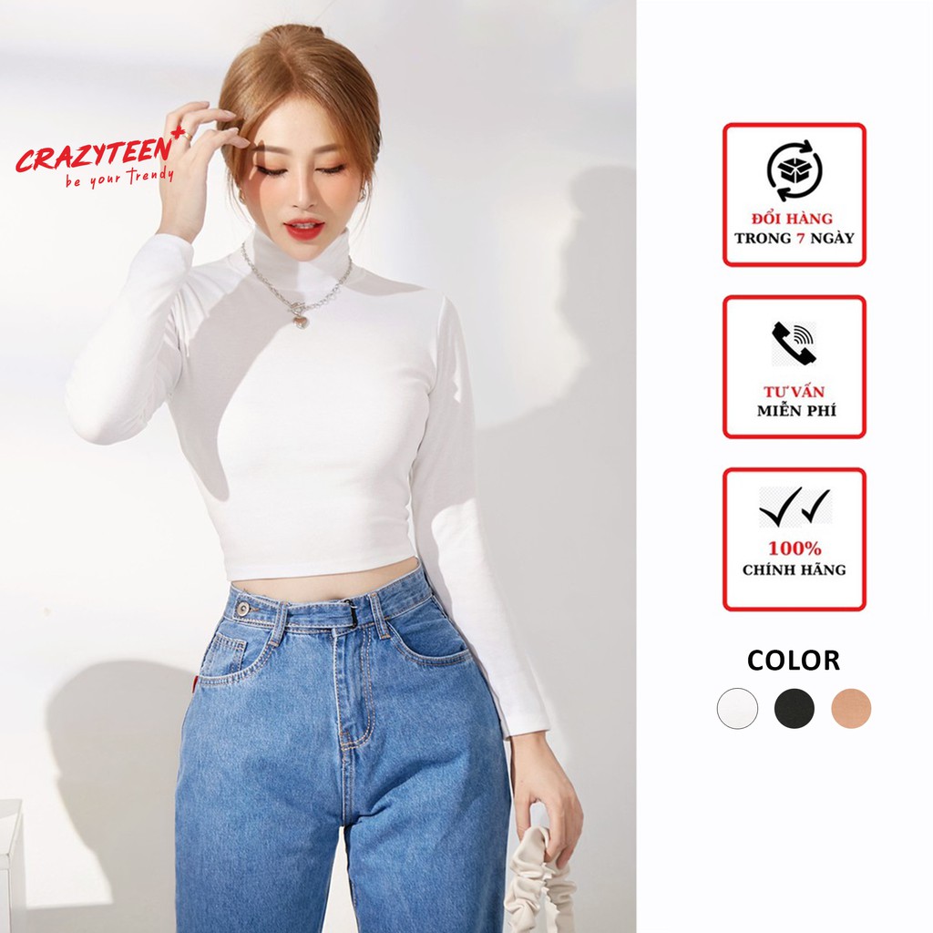 Áo thun croptop nữ CRAZYTEEN  cổ lọ tay dài chất gân tăm AT0111