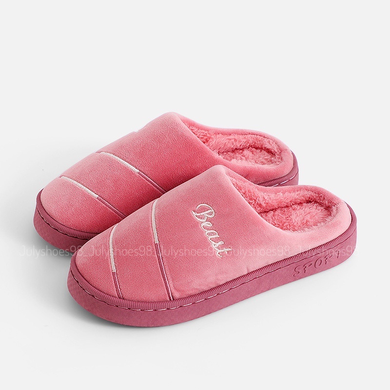 Dép bông đi trong nhà đế cao cu chống nước thêu đường kẻ Dép đi trong nhà mùa đông lót lông- Mã Thêu