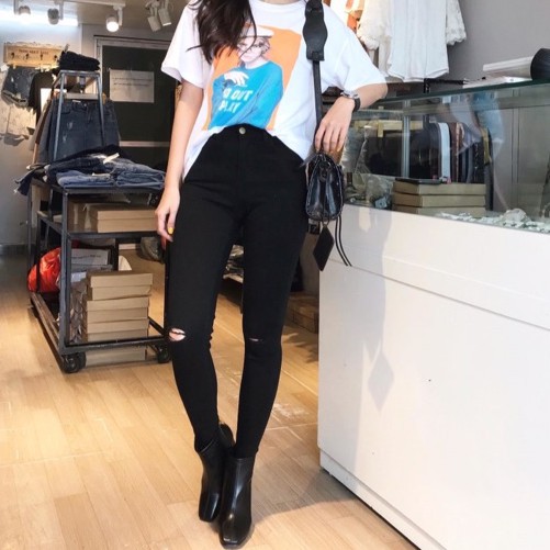 (Size 38kg-78kg) Quần Jean Rách Gối Đen Tuyền Tua Lai - Hàng Vnxk Siêu Co Giãn