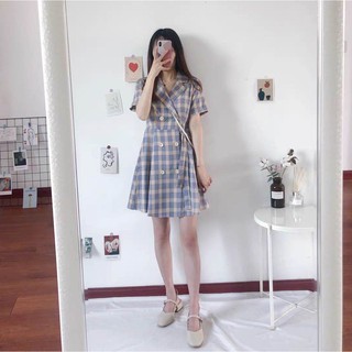 [ORDER TAOBAO/TMALL 088 ] Váy caro cổ vest thắt nơ eo ngang