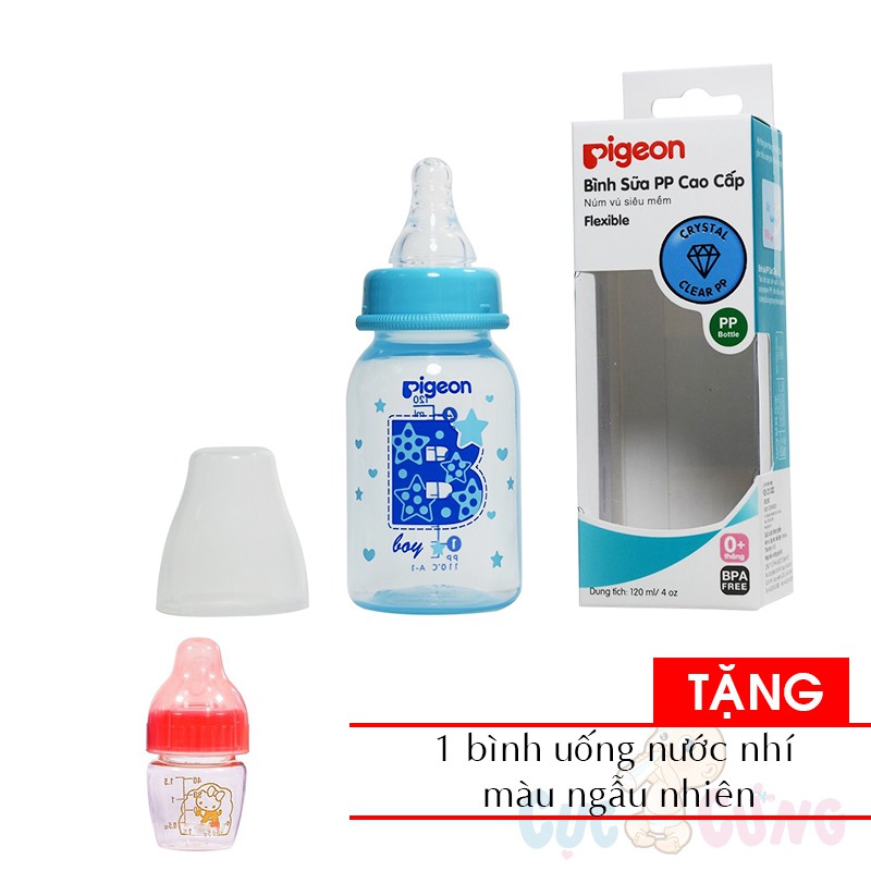 Bình sữa Pigeon nhựa PP cổ thường cao cấp BOY 120ml Tặng 1 bình nhí uống nước màu ngẫu nhiên
