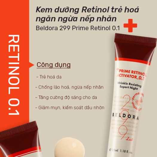 Kem Dưỡng Retinol 0.1 Trẻ Hóa Da, Giảm Nếp Nhăn Dành Cho Da Nhạy Cảm Beldora 299 Prime Retinol Activator 0.1 35ml