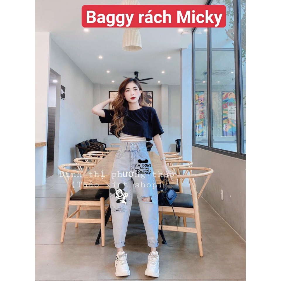 QUẦN BAGGY RÁCH NỮ HOẠ TIẾT MICKEY PHONG CÁCH HÀN QUỐC