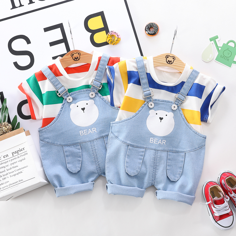 Set áo tay ngắn kẻ sọc + quần yếm denim thời trang mùa hè cho các bé