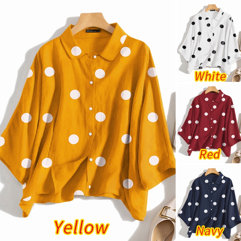 ZANZEA Áo Sơ Mi Nữ Tay Dài Cổ Bẻ Họa Tiết Chấm Bi Thời Trang