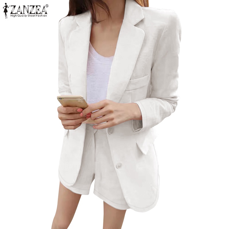 Zanzea Bộ Áo Khoác Blazer Dài Tay Màu Trơn + Quần Short Dáng Rộng Đơn Giản Thời Trang Cho Nữ