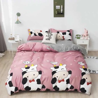 Bộ drap & chăn phao cotton poly bò hồng