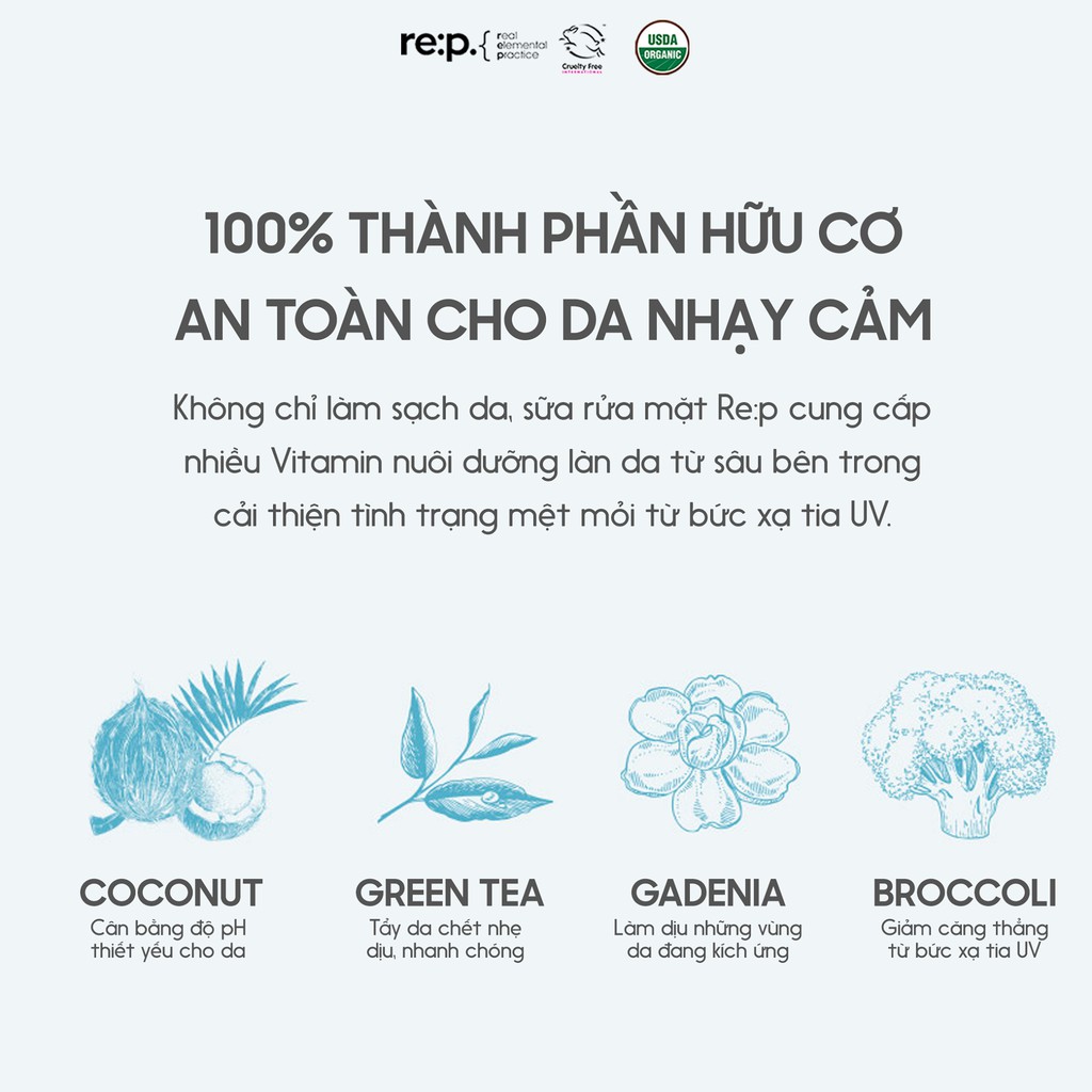 Sữa Rửa Mặt RE:P Thảo Mộc Organic Tự Nhiên Cấp Ẩm Sạch Sâu RE:P NATURAL ORIGIN GENTLE PURE CLEANSER  150ML