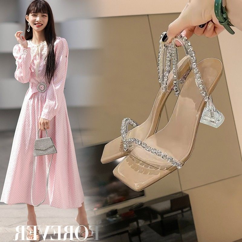 Rhinestone-lined sandals with slippers for women 2022 summer French style crystal stiletto heel fashion transparent niche high-heeled shoes DUY7