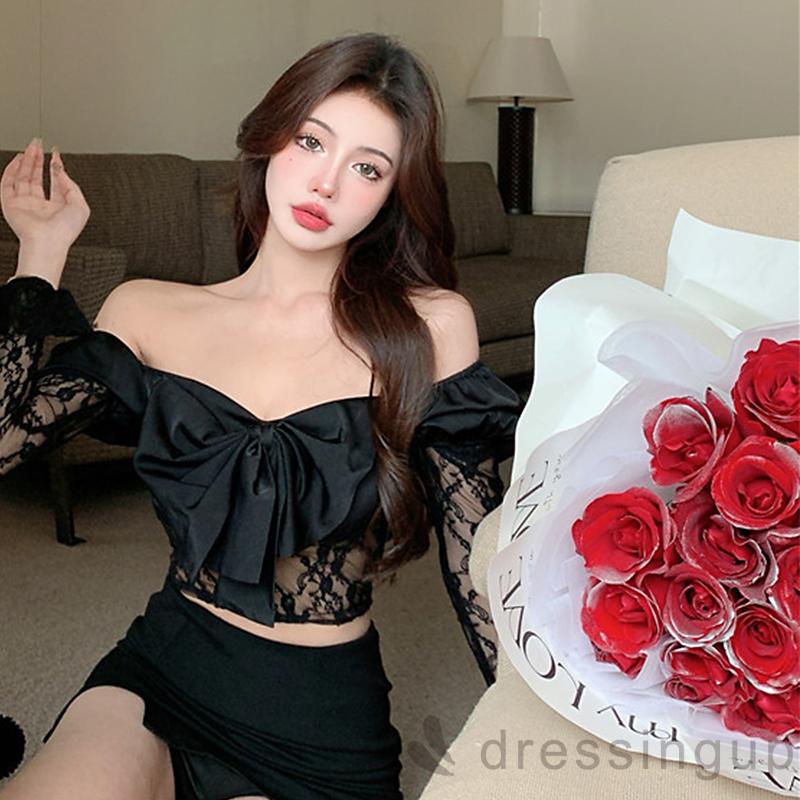 Áo Thun Trễ Vai Tay Phồng Dáng Ôm Phối Ren Thời Trang Cho Nữ