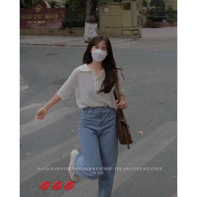 Áo len lỗ cổ đức bo gấu màu trắng duy nhất, dáng áo len polo