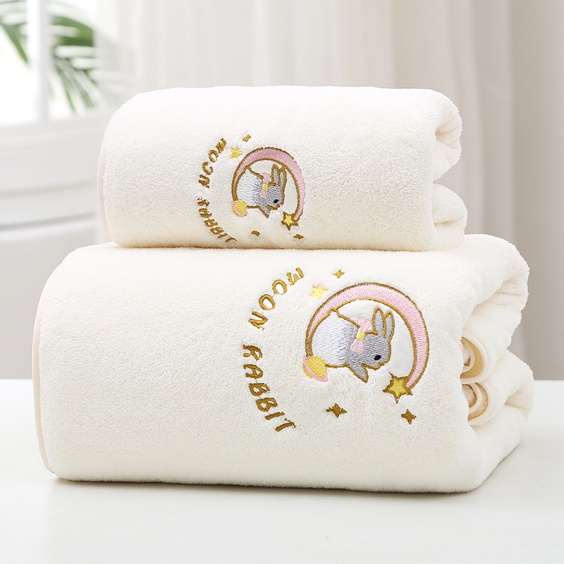 Set 2 Khăn Tắm Vải Lông Cừu San Hô Siêu Mềm Thấm Hút Họa Tiết Thỏ Mặt Trăng Cho Người Lớn Và Trẻ Em