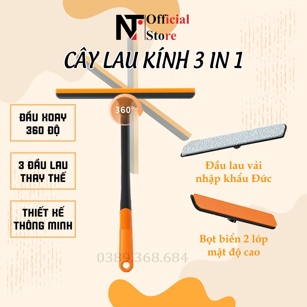 Cây lau kính thông minh 3 trong 1, cây gạt kính cao cấp đầu xoay 360 độ đa năng, tiện lợi - NT Store