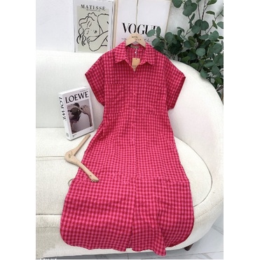 Váy sơ mi basic kẻ caro hồng dáng dài bầu bí mặc thoải mái chất mát mịn form từ 40-65kg kèm ảnh thật - Đầm sơ mi suông