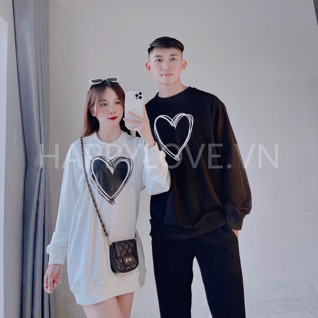 Áo Sweater Đôi Nam Nữ Form Rộng hình Trái Tim màu Đen Trắng Hàn Quốc HAPPYLOVE, Set Áo Đồ Đôi Couple mùa Đông đẹp rẻ H27