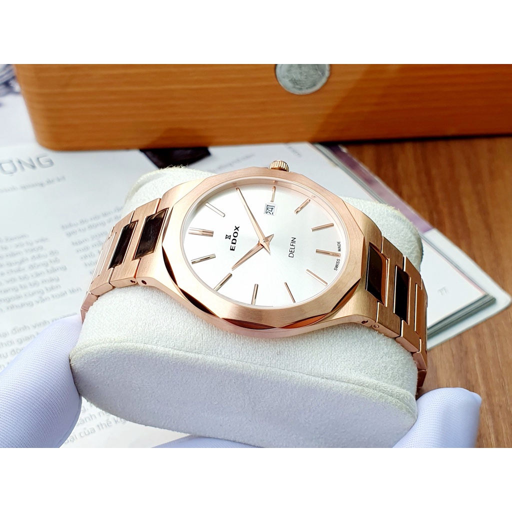 Đồng hồ nam chính hãng Edox Delfin Rose Gold Steel - Máy quartz pin - Kính Sapphire nguyên khối