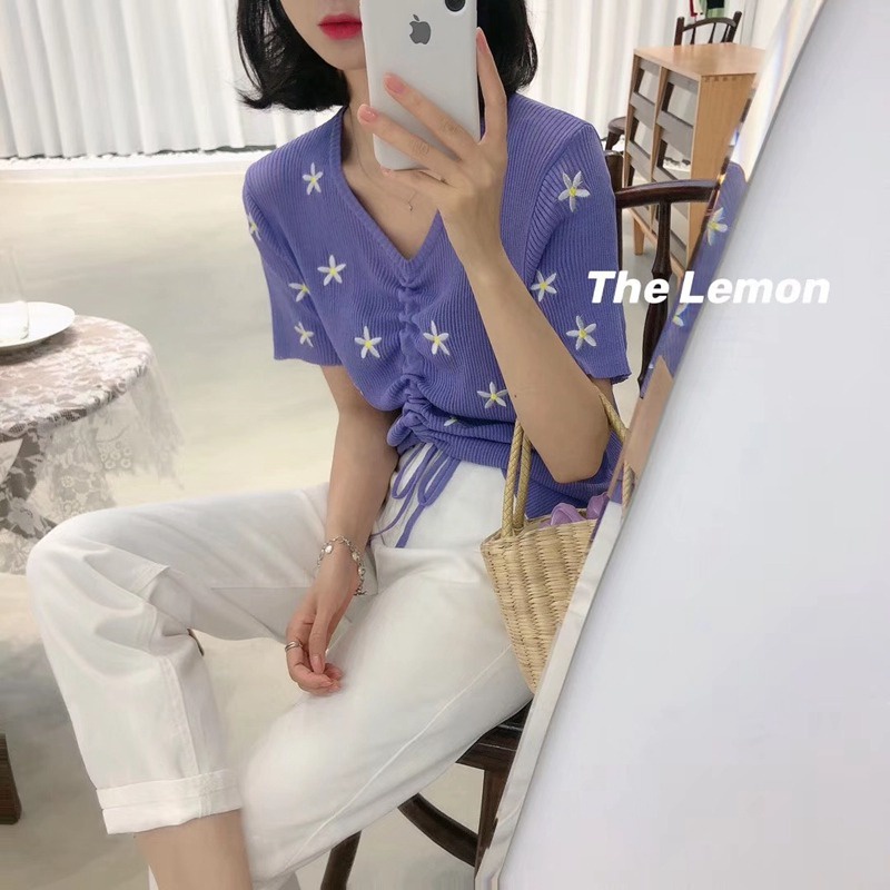 Áo Thun Dệt Kim Tay Ngắn / Ngắn Cổ Chữ v Phối Dây Rút Thời Trang Mùa Hè Mới 2022 Cho Nữ