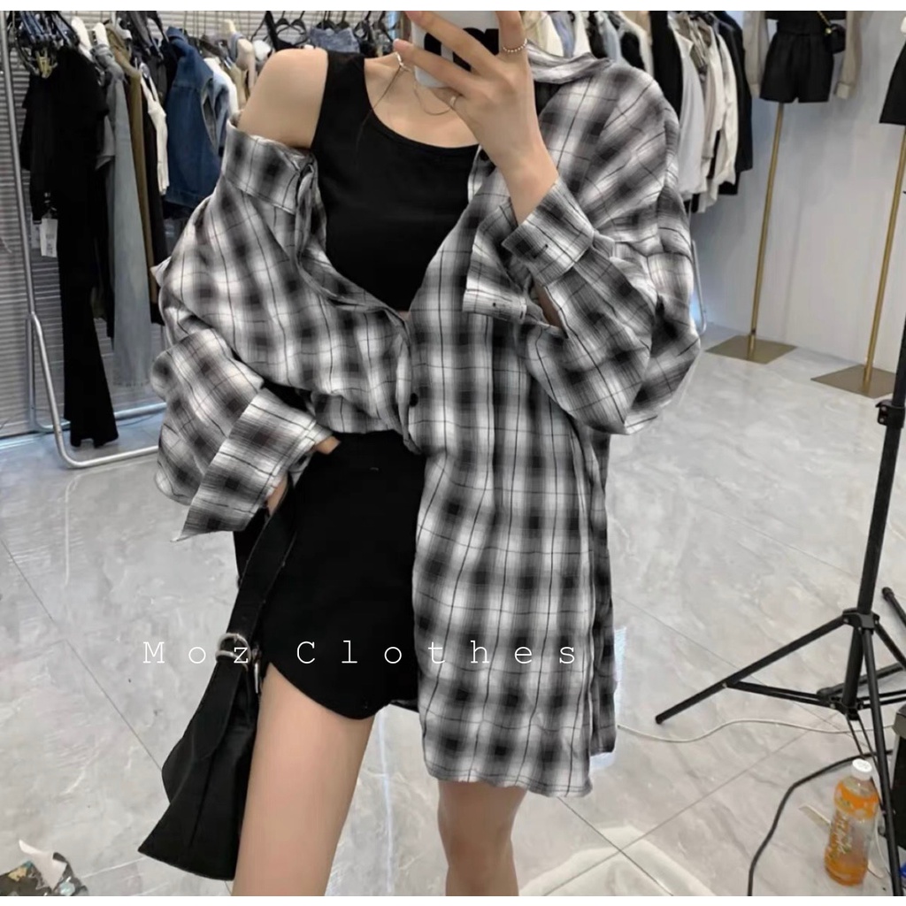 Set sơ mi kẻ mix váy body đen dáng thụng BN120