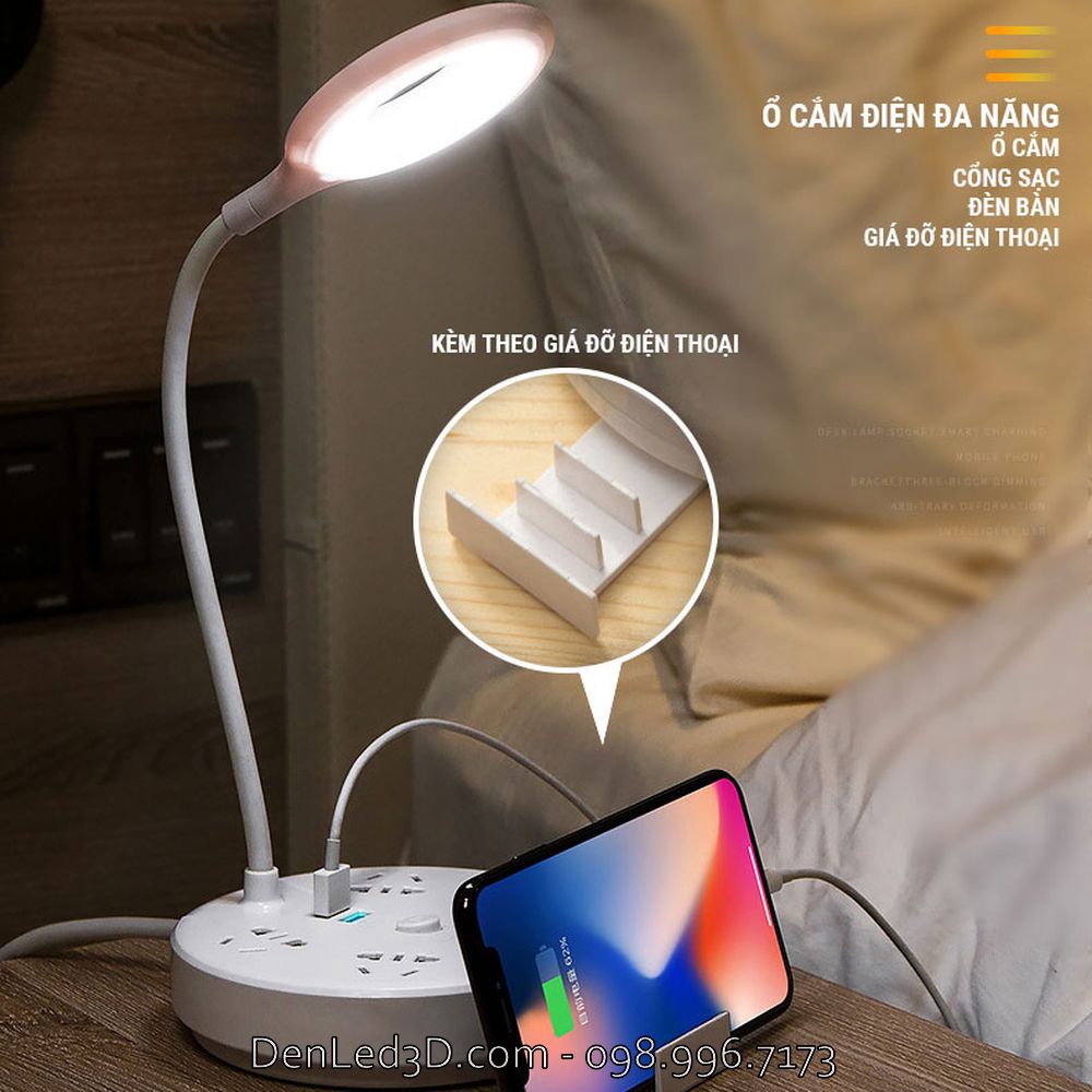 Ổ Cắm Điện Tròn Q6 Kết Hợp Đèn Bàn, Cổng Sạc USB