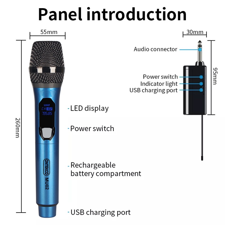 Bộ Micro Không dây ONTEKCO MU02 (Xanh) | E6S | E6 Cao cấp, Hát Karaoke với Amply &amp; Loa kéo - Bảo hành 12 Tháng