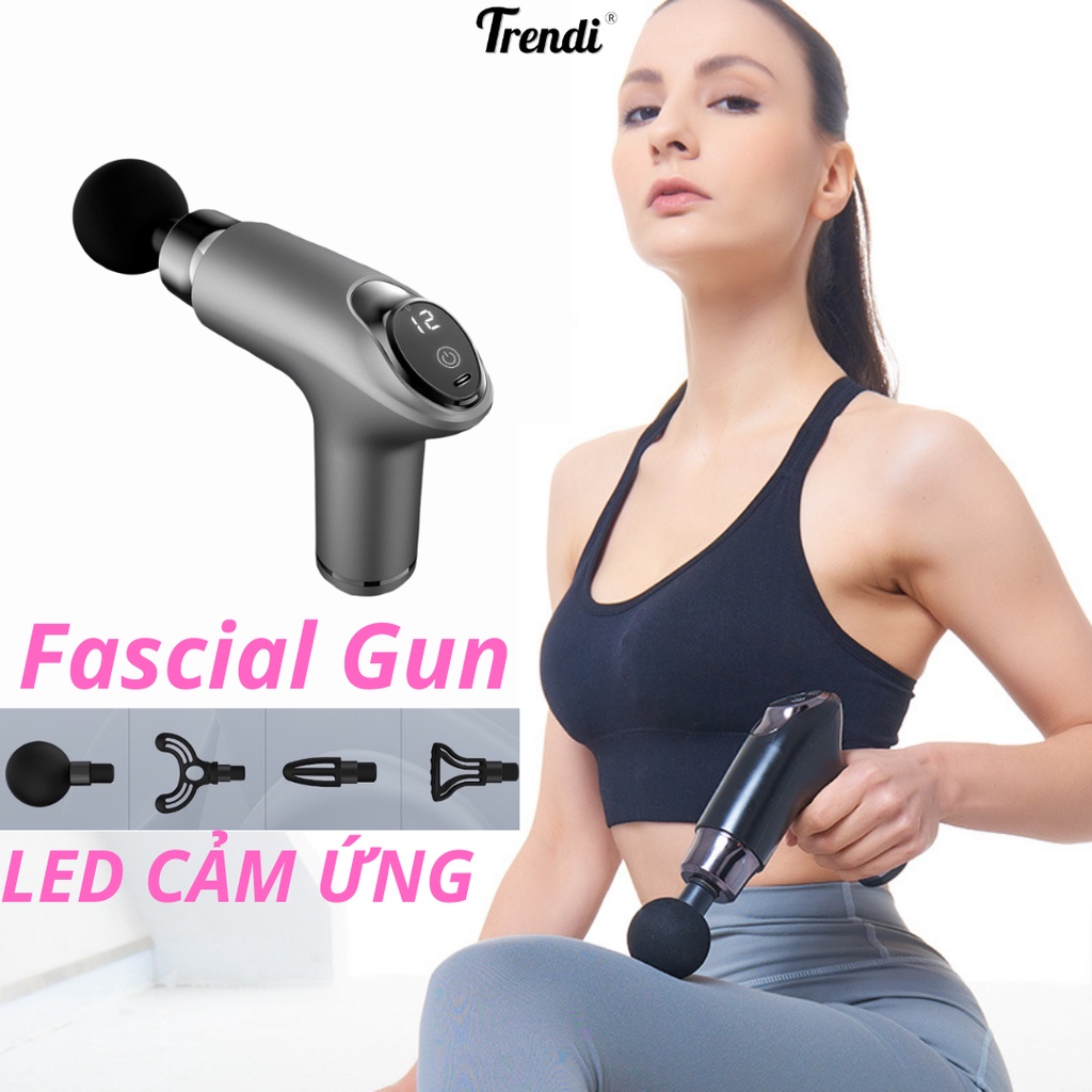 Súng Massage Cầm Tay CẢM ỨNG 12 Chế Độ 4 Đầu Mát Xa Fascial Gun Thư Giãn Cơ Giảm Nhức Mỏi