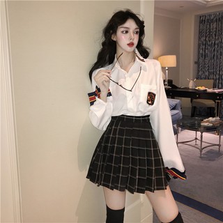 (Order-ảnh feedback ở cuối) Sét áo sơ mi phối caro tay + váy xếp li kẻ ô ulzzang