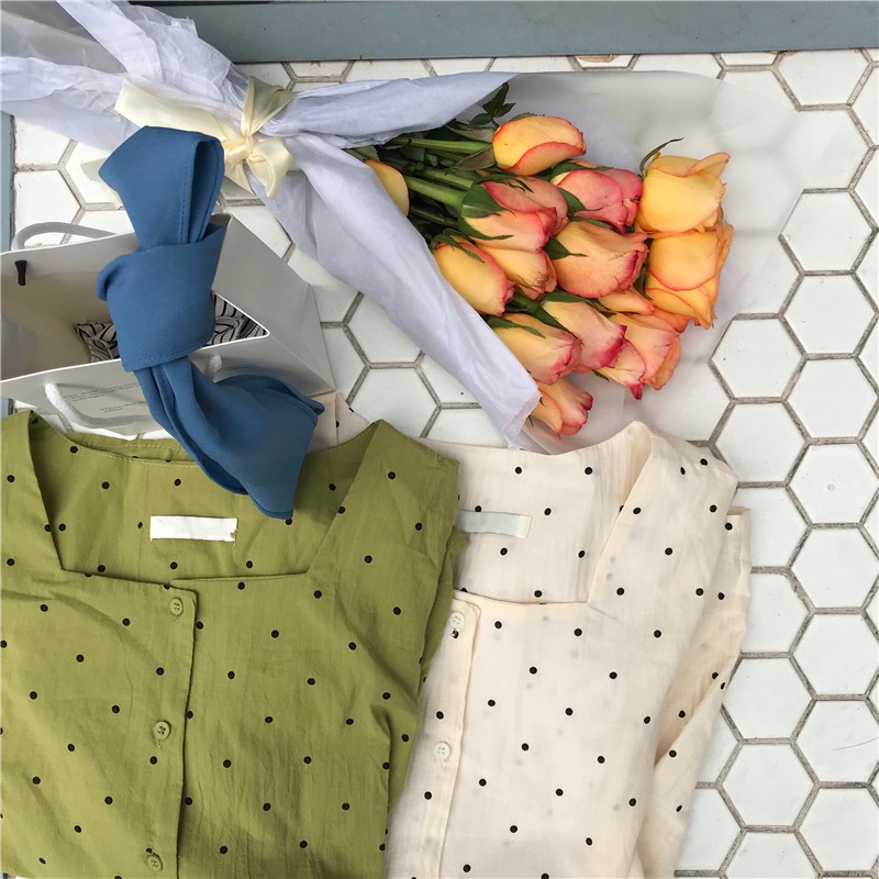 SUXI Áo sơ mi chấm bi ngắn tay phong cách Hàn Quốc thanh lịch dành cho nữ