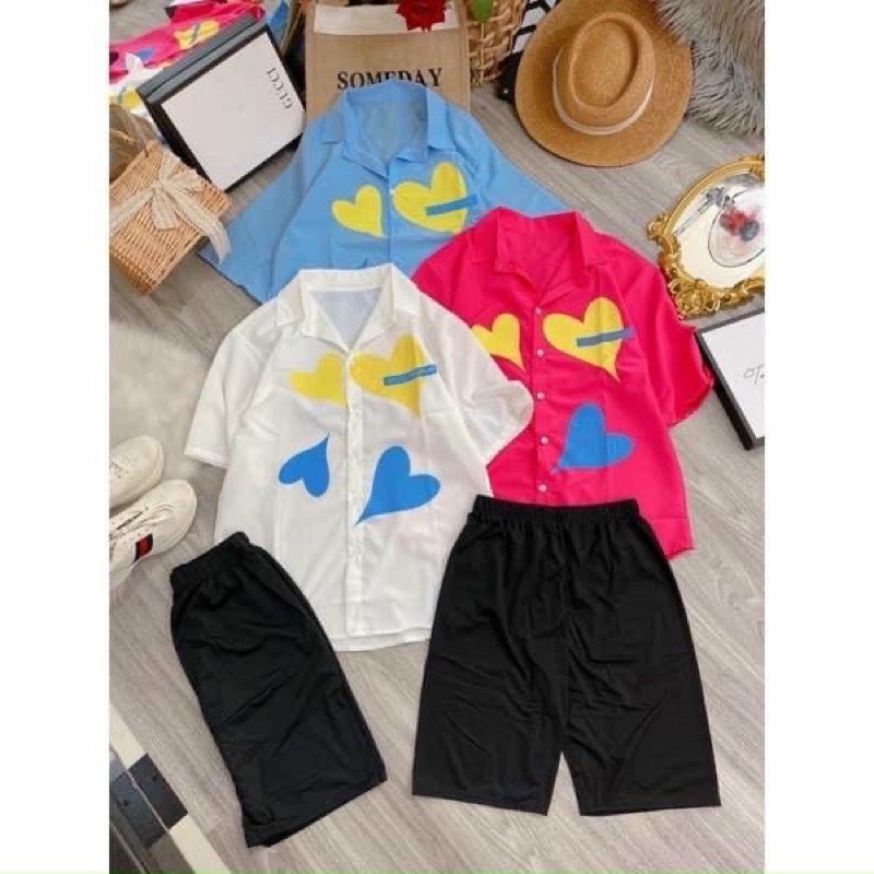 Set áo sơmi quần thun ngố form rộng big size 3 màu in chữ hình trái tim siêu hot trend