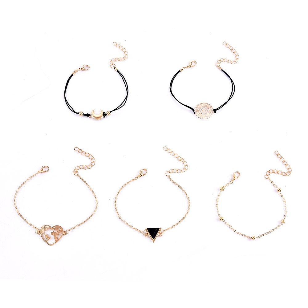 Bộ 5 vòng tay chuỗi hạt mặt trăng và trái tim phong cách Boho thời trang cho nữ