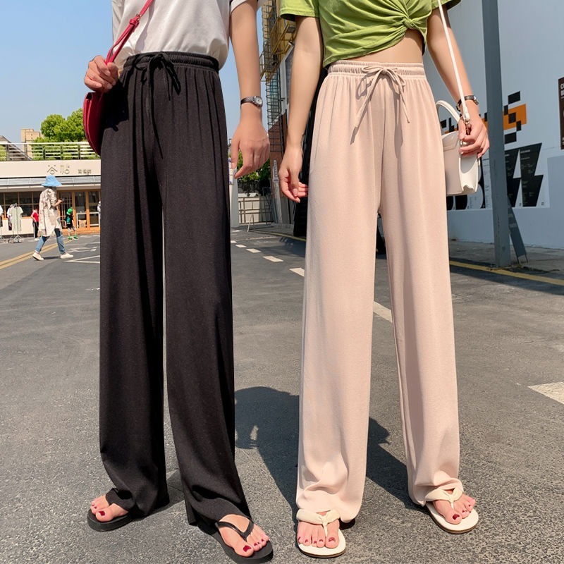 High Waist Ice Silk Wide Leg Pants / Korean Casual Loose Summer Trousers / Plus Size Slim Pants | BigBuy360 - bigbuy360.vn