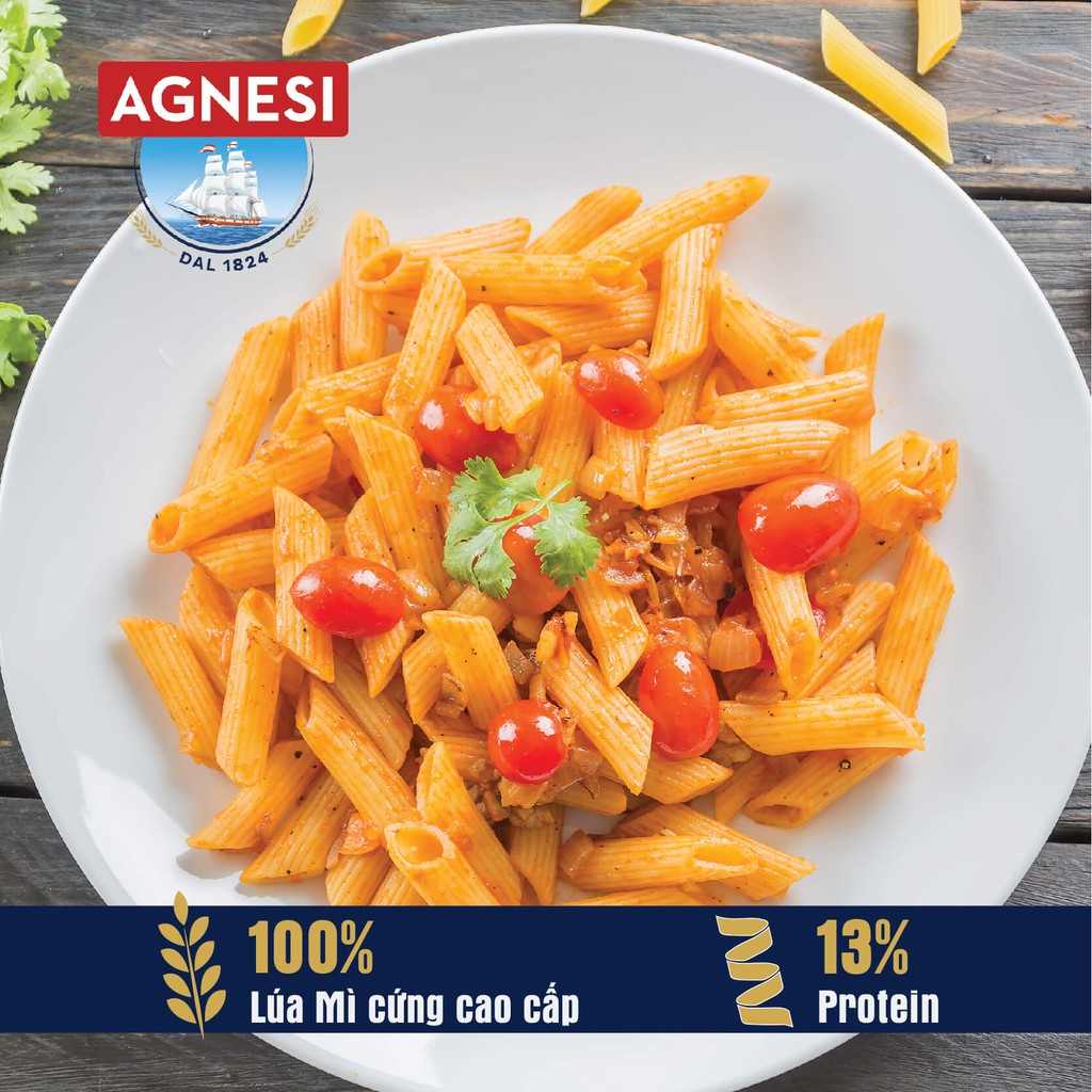 Nui ống Penne Rigate Agnesi 500g, dùng lúa mì durum cao cấp giữ sốt, không gãy và dính