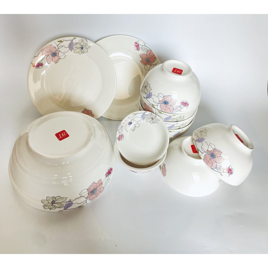 Bộ đồ ăn 11 món gốm sứ Bát Tràng cao cấp gồm đĩa, tô, chén, hoa văn sang trọng, độc đáo - thiết kế mới lạ