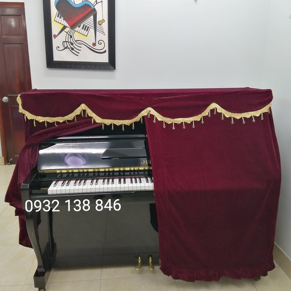 Khăn phủ đàn Piano phủ nguyên cây đàn TẶNG kèm khăn phủ ghế mẫu nhung đỏ đô viền hạt châu vàng