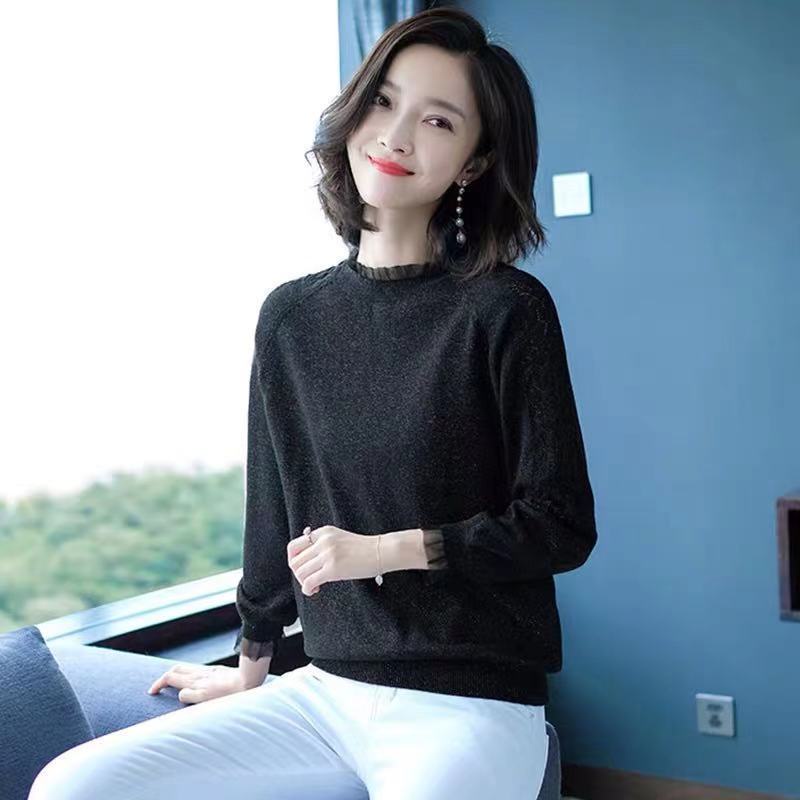 Áo Dệt Kim Tay Dài Phối Ren Hoa Thiết Kế Dáng Rộng Che Khuyết Điểm